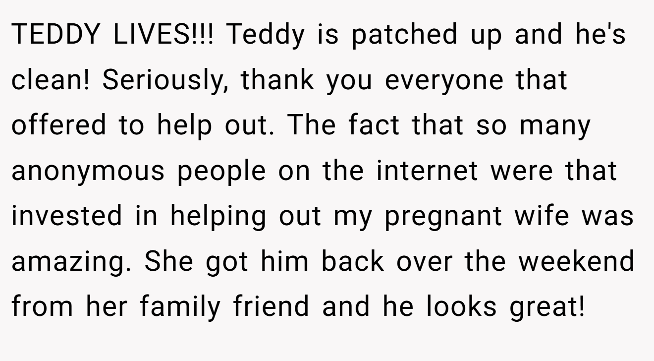 TEDDY LIVES!!! Teddy is patched up and he's clean! Seriously, thank you everyone that offered to help out. The fact that so many anonymous people on the internet were that invested in helping out my pregnant wife was amazing. She got him back over the weekend from her family friend and he looks great!