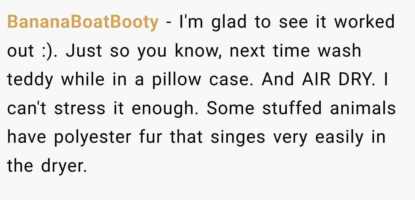 BananaBoatBooty − I'm glad to see it worked out :). Just so you know, next time wash teddy while in a pillow case. And AIR DRY. I can't stress it enough. Some stuffed animals have polyester fur that singes very easily in the dryer.