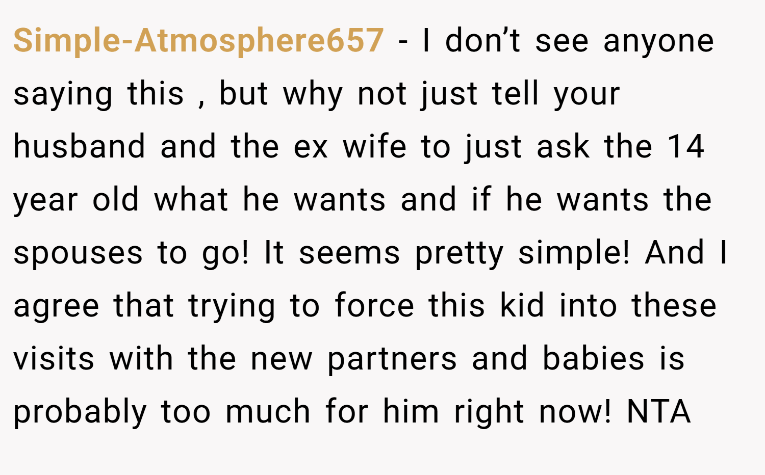Simple-Atmosphere657 − I don’t see anyone saying this , but why not just tell your husband and the ex wife to just ask the 14 year old what he wants and if he wants the spouses to go! It seems pretty simple! And I agree that trying to force this kid into these visits with the new partners and babies is probably too much for him right now! NTA