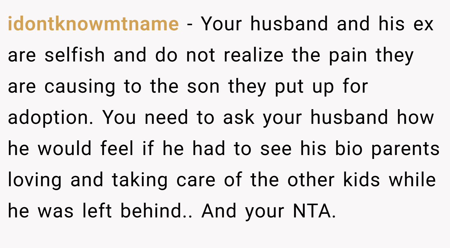idontknowmtname − Your husband and his ex are selfish and do not realize the pain they are causing to the son they put up for adoption. You need to ask your husband how he would feel if he had to see his bio parents loving and taking care of the other kids while he was left behind.. And your NTA.