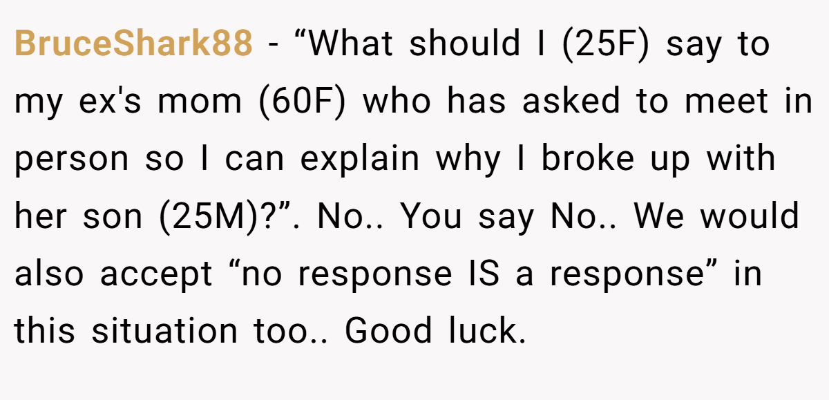 BruceShark88 − “What should I (25F) say to my ex's mom (60F) who has asked to meet in person so I can explain why I broke up with her son (25M)?”. No.. You say No.. We would also accept “no response IS a response” in this situation too.. Good luck.