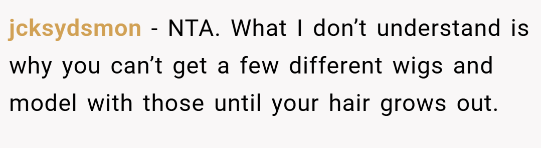 jcksydsmon − NTA. What I don’t understand is why you can’t get a few different wigs and model with those until your hair grows out.
