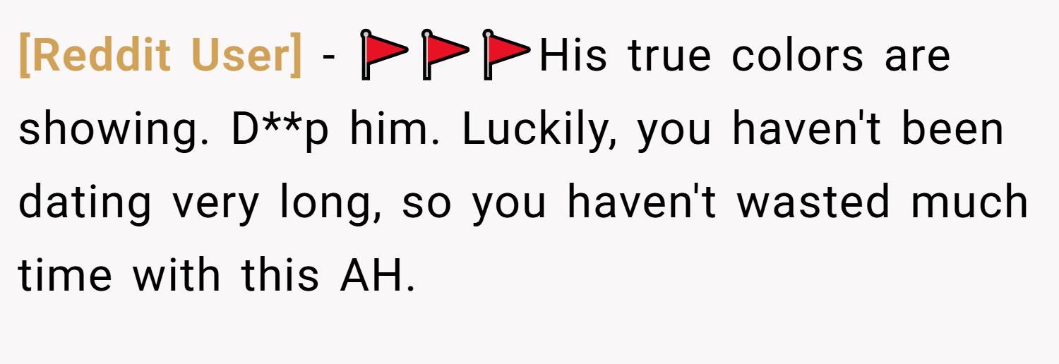 [Reddit User] − 🚩🚩🚩His true colors are showing. D**p him. Luckily, you haven't been dating very long, so you haven't wasted much time with this AH.