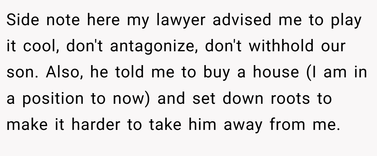 Side note here my lawyer advised me to play it cool, don't antagonize, don't withhold our son. Also, he told me to buy a house (I am in a position to now) and set down roots to make it harder to take him away from me.