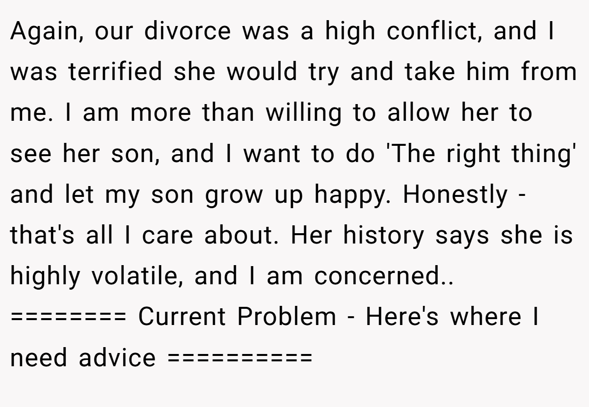 Again, our divorce was a high conflict, and I was terrified she would try and take him from me. I am more than willing to allow her to see her son, and I want to do 'The right thing' and let my son grow up happy. Honestly - that's all I care about. Her history says she is highly volatile, and I am concerned.. ======== Current Problem - Here's where I need advice ==========