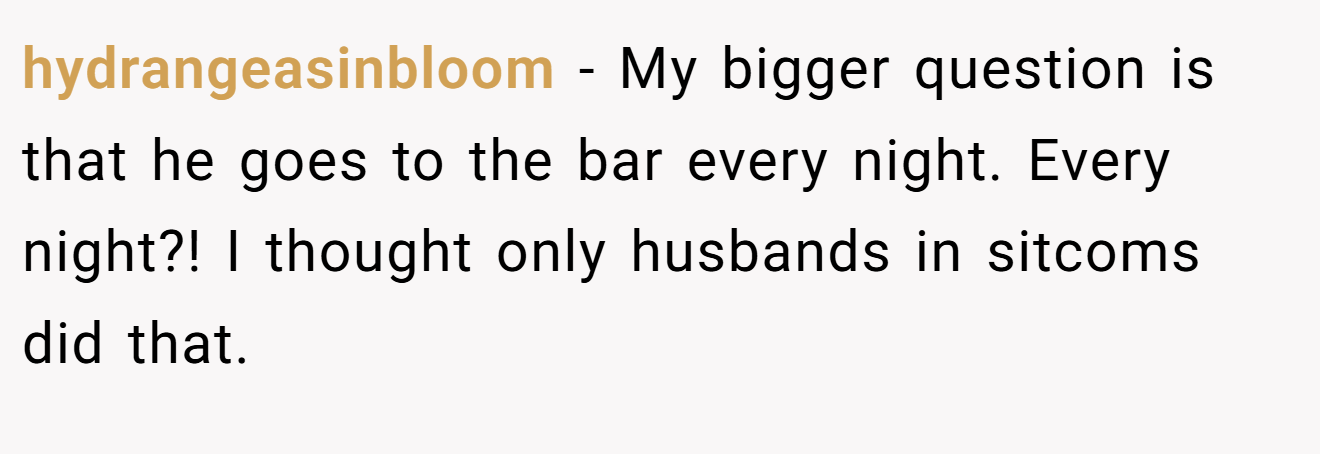 hydrangeasinbloom − My bigger question is that he goes to the bar every night. Every night?! I thought only husbands in sitcoms did that.