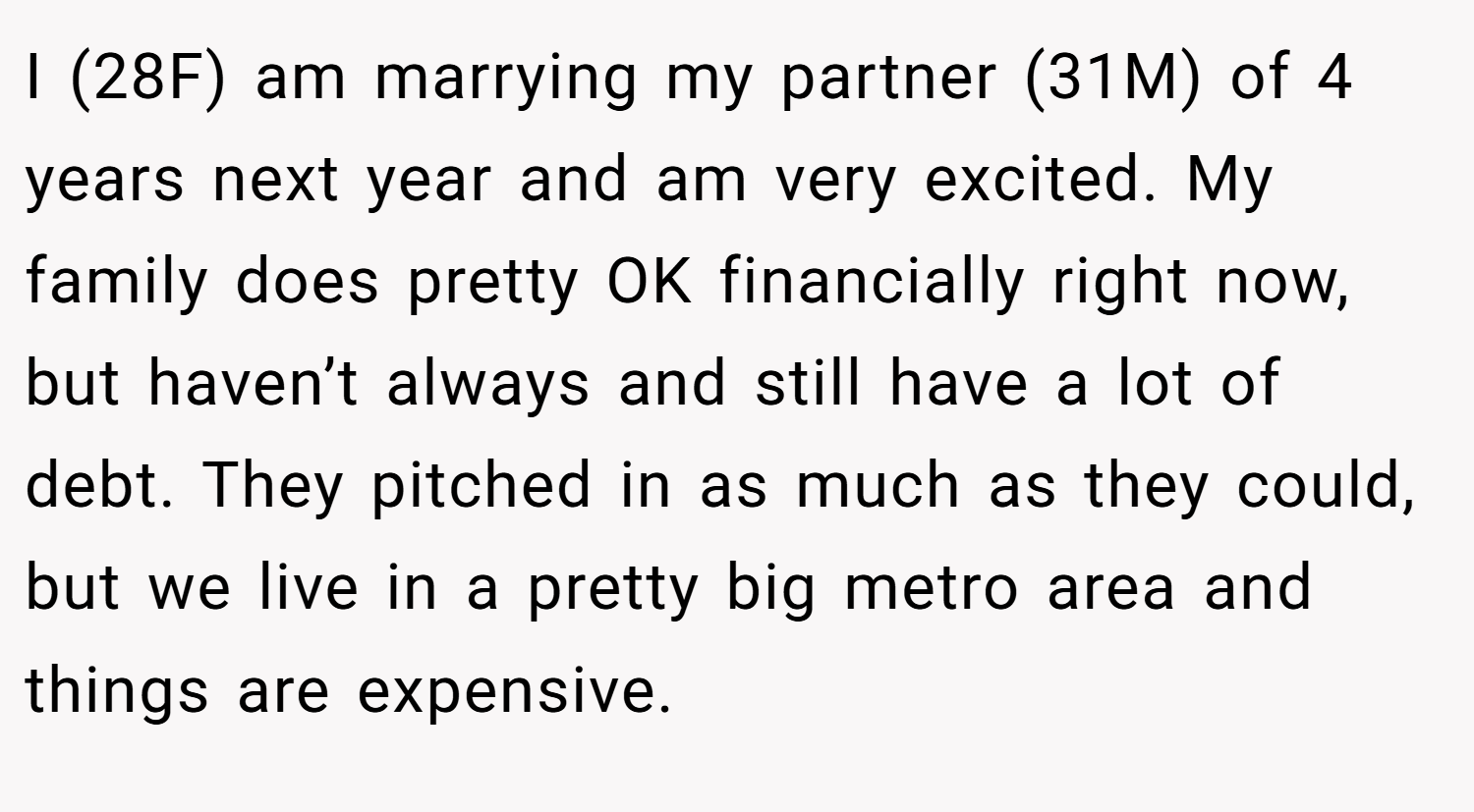 I (28F) am marrying my partner (31M) of 4 years next year and am very excited. My family does pretty OK financially right now, but haven’t always and still have a lot of debt. They pitched in as much as they could, but we live in a pretty big metro area and things are expensive.