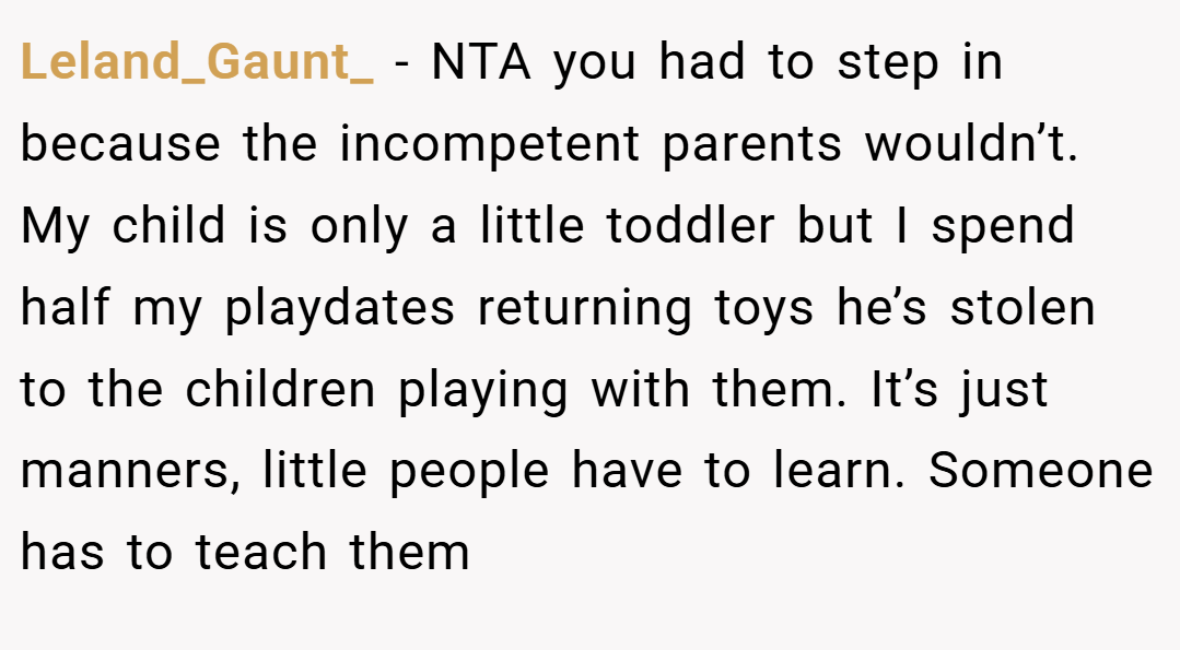 Leland_Gaunt_ − NTA you had to step in because the incompetent parents wouldn’t. My child is only a little toddler but I spend half my playdates returning toys he’s stolen to the children playing with them. It’s just manners, little people have to learn. Someone has to teach them