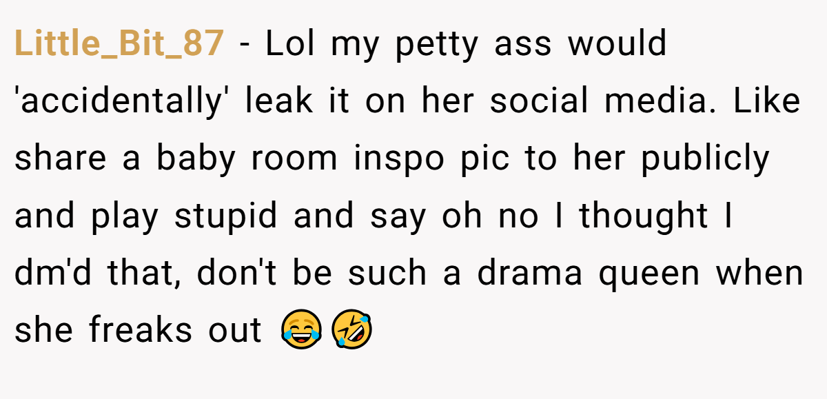 Little_Bit_87 − Lol my petty ass would 'accidentally' leak it on her social media. Like share a baby room inspo pic to her publicly and play stupid and say oh no I thought I dm'd that, don't be such a drama queen when she freaks out 😂🤣