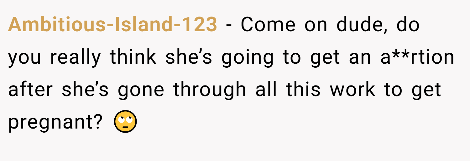 Ambitious-Island-123 − Come on dude, do you really think she’s going to get an a**rtion after she’s gone through all this work to get pregnant? 🙄