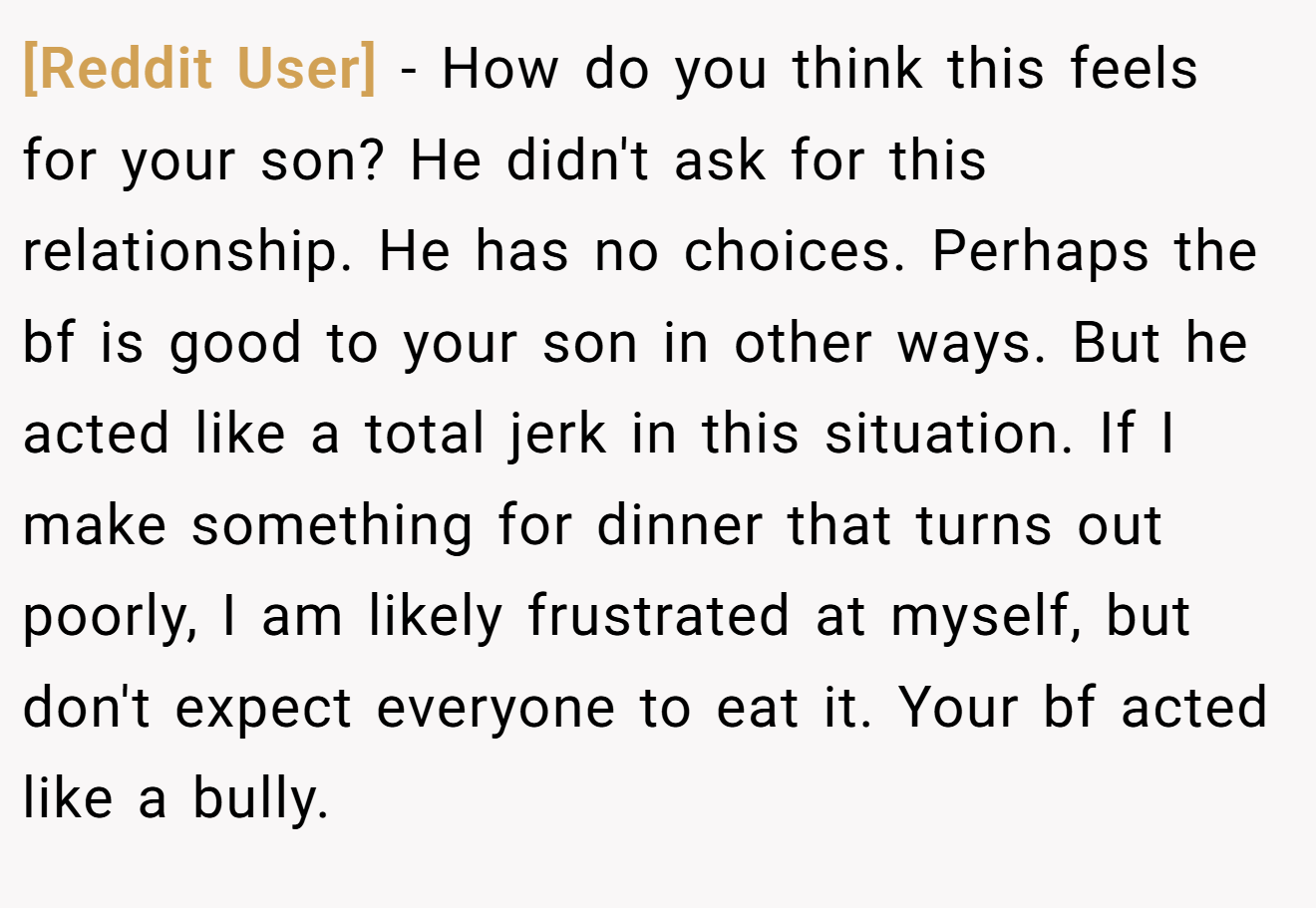 [Reddit User] − How do you think this feels for your son? He didn't ask for this relationship. He has no choices. Perhaps the bf is good to your son in other ways. But he acted like a total jerk in this situation. If I make something for dinner that turns out poorly, I am likely frustrated at myself, but don't expect everyone to eat it. Your bf acted like a bully.