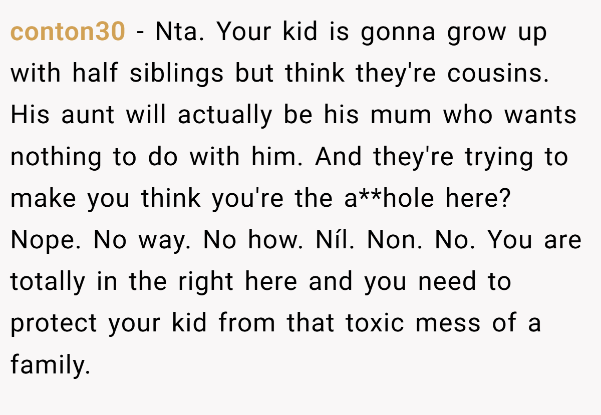 conton30 − Nta. Your kid is gonna grow up with half siblings but think they're cousins. His aunt will actually be his mum who wants nothing to do with him. And they're trying to make you think you're the a**hole here? Nope. No way. No how. Níl. Non. No. You are totally in the right here and you need to protect your kid from that toxic mess of a family.