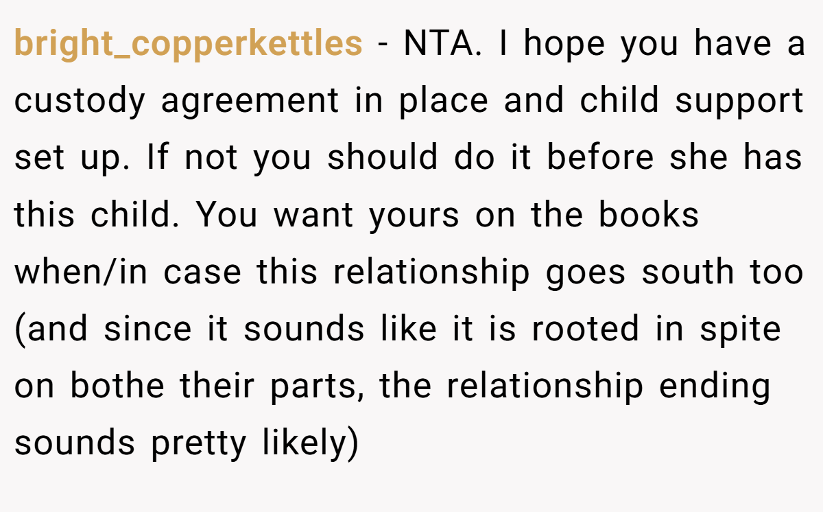 bright_copperkettles − NTA. I hope you have a custody agreement in place and child support set up. If not you should do it before she has this child. You want yours on the books when/in case this relationship goes south too (and since it sounds like it is rooted in spite on bothe their parts, the relationship ending sounds pretty likely)