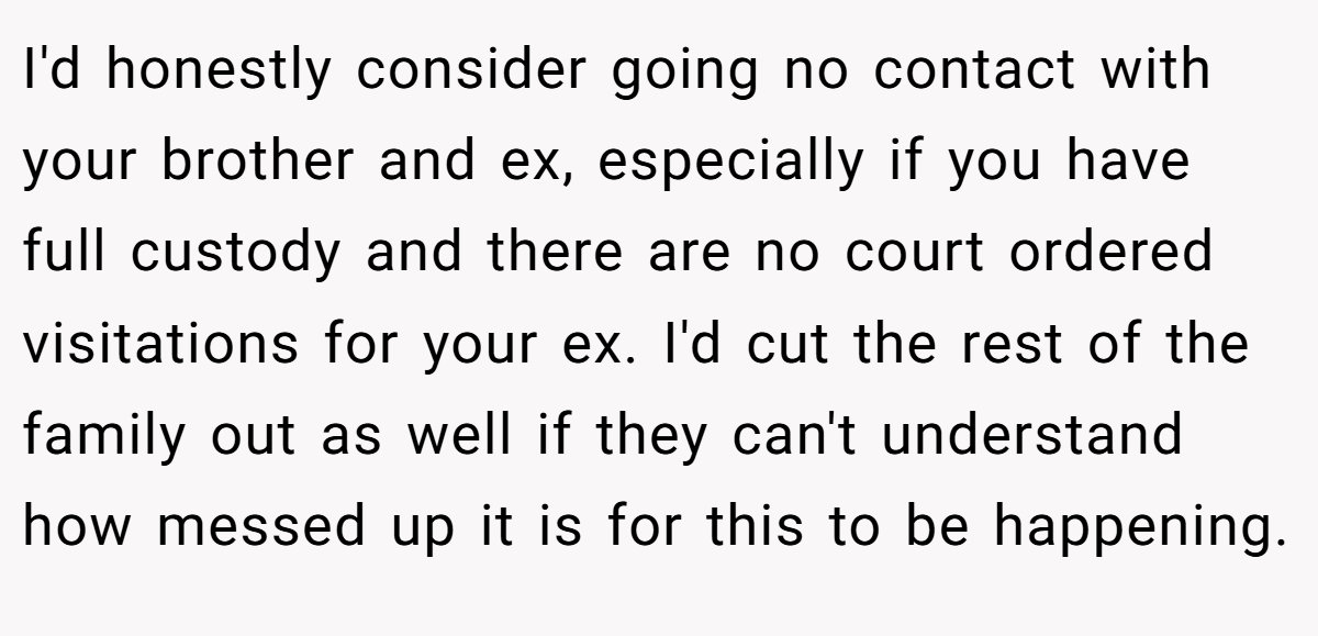 I'd honestly consider going no contact with your brother and ex, especially if you have full custody and there are no court ordered visitations for your ex. I'd cut the rest of the family out as well if they can't understand how messed up it is for this to be happening.