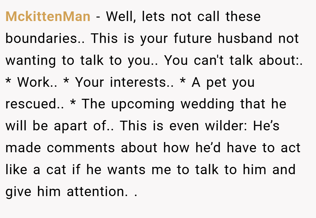 MckittenMan − Well, lets not call these boundaries.. This is your future husband not wanting to talk to you.. You can't talk about:. * Work.. * Your interests.. * A pet you rescued.. * The upcoming wedding that he will be apart of.. This is even wilder: He’s made comments about how he’d have to act like a cat if he wants me to talk to him and give him attention. .