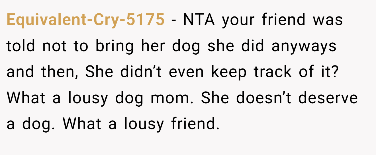Equivalent-Cry-5175 − NTA your friend was told not to bring her dog she did anyways and then, She didn’t even keep track of it? What a lousy dog mom. She doesn’t deserve a dog. What a lousy friend.