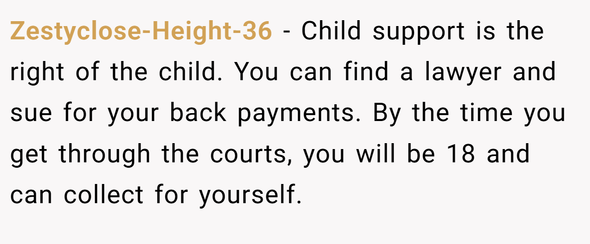 Zestyclose-Height-36 − Child support is the right of the child. You can find a lawyer and sue for your back payments. By the time you get through the courts, you will be 18 and can collect for yourself.