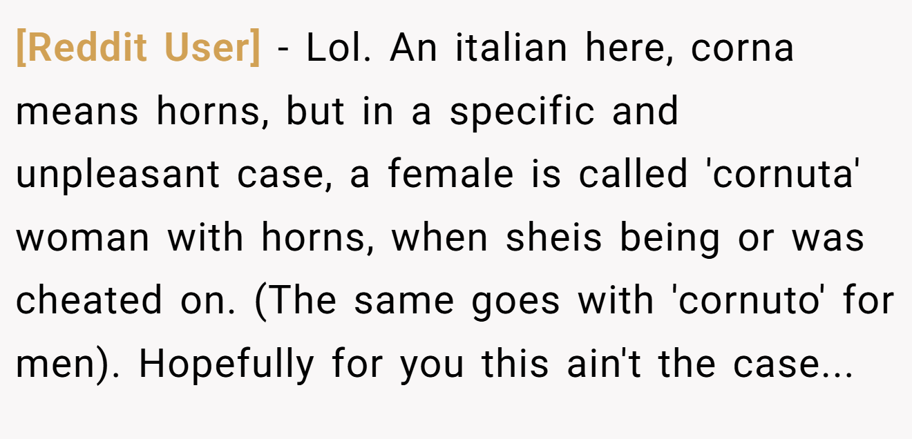 [Reddit User] − Lol. An italian here, corna means horns, but in a specific and unpleasant case, a female is called 'cornuta' woman with horns, when sheis being or was cheated on. (The same goes with 'cornuto' for men). Hopefully for you this ain't the case...