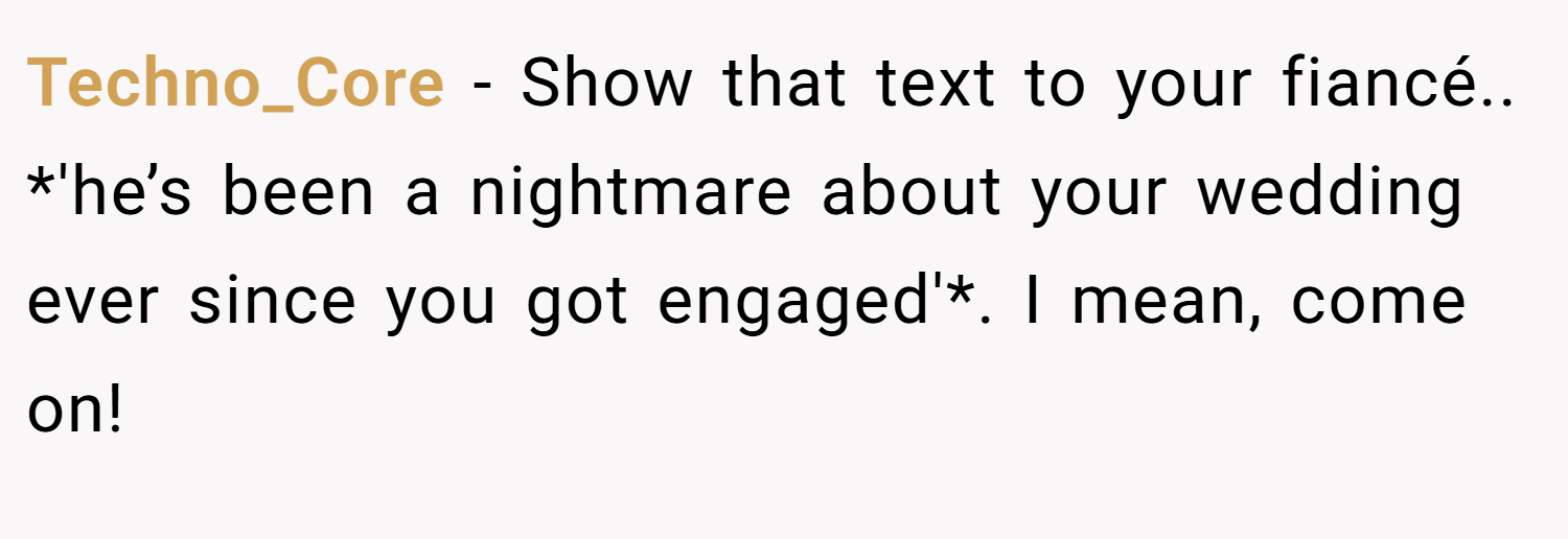 Techno_Core − Show that text to your fiancé.. *'he’s been a nightmare about your wedding ever since you got engaged'*. I mean, come on!