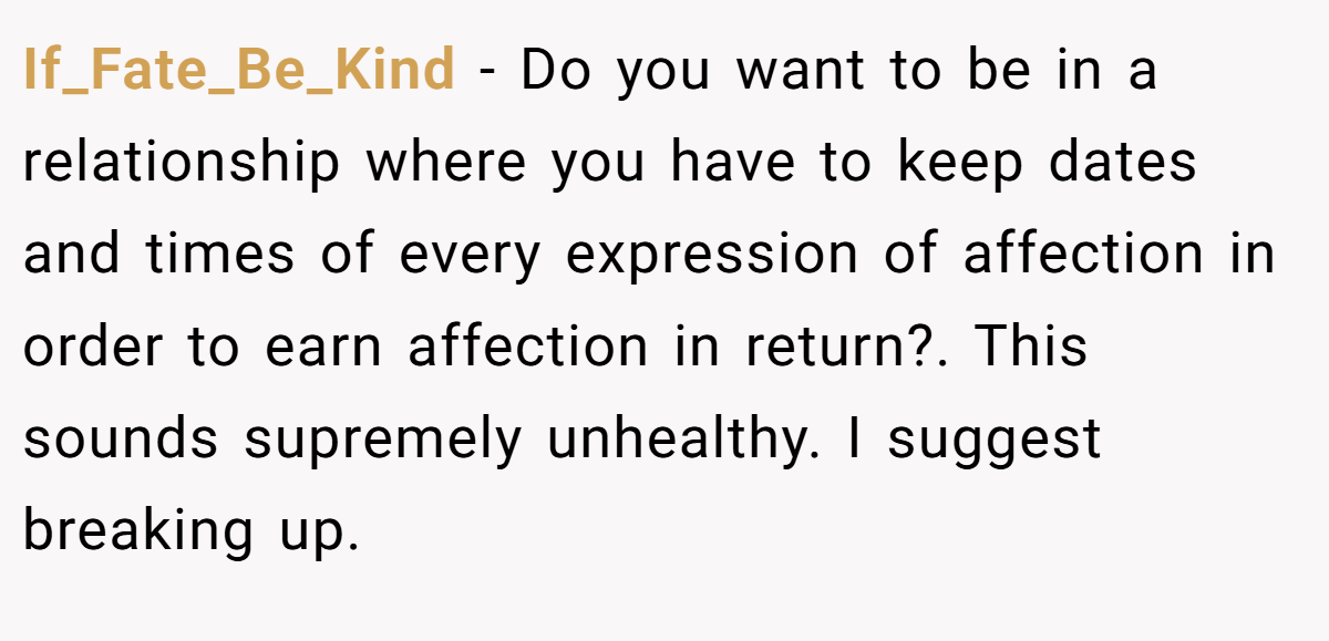 If_Fate_Be_Kind − Do you want to be in a relationship where you have to keep dates and times of every expression of affection in order to earn affection in return?. This sounds supremely unhealthy. I suggest breaking up.
