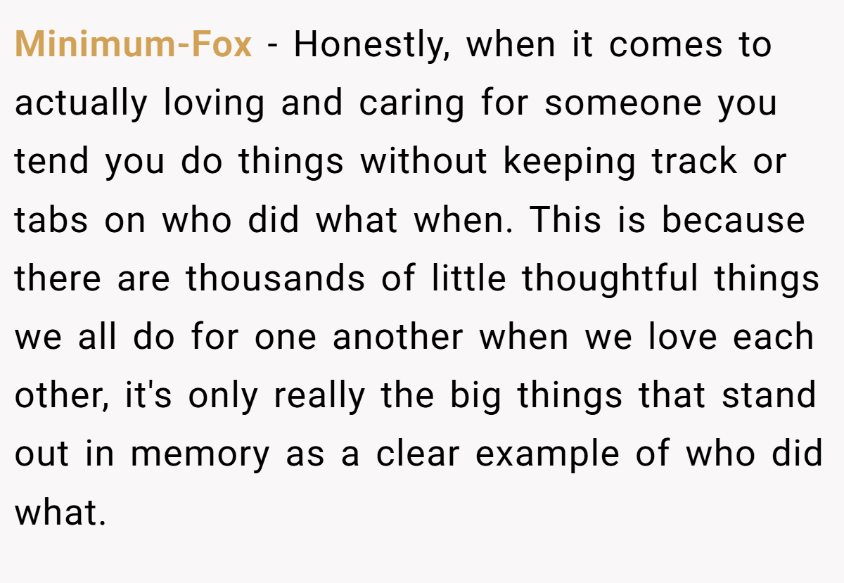 Minimum-Fox − Honestly, when it comes to actually loving and caring for someone you tend you do things without keeping track or tabs on who did what when. This is because there are thousands of little thoughtful things we all do for one another when we love each other, it's only really the big things that stand out in memory as a clear example of who did what.