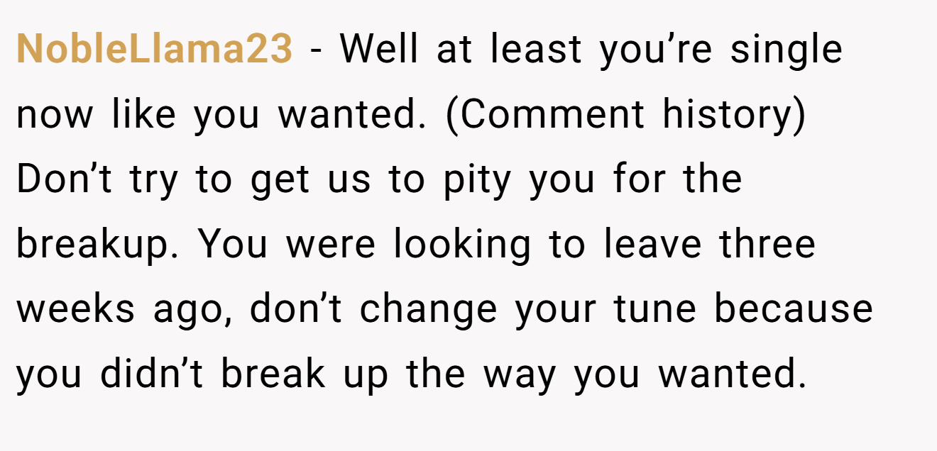 NobleLlama23 − Well at least you’re single now like you wanted. (Comment history) Don’t try to get us to pity you for the breakup. You were looking to leave three weeks ago, don’t change your tune because you didn’t break up the way you wanted.