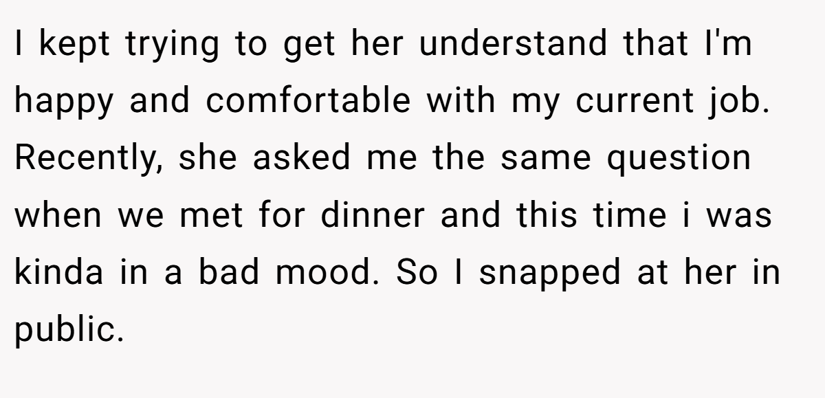 I kept trying to get her understand that I'm happy and comfortable with my current job. Recently, she asked me the same question when we met for dinner and this time i was kinda in a bad mood. So I snapped at her in public.