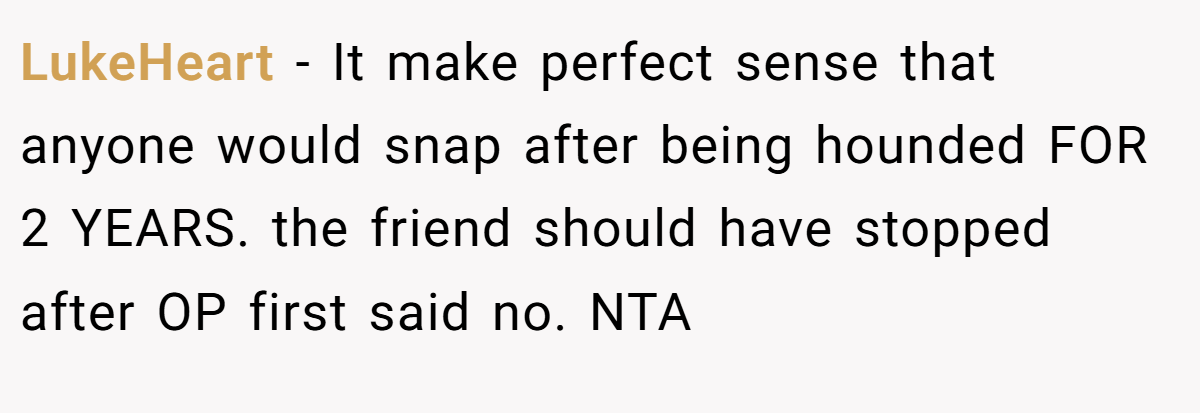 LukeHeart − It make perfect sense that anyone would snap after being hounded FOR 2 YEARS. the friend should have stopped after OP first said no. NTA