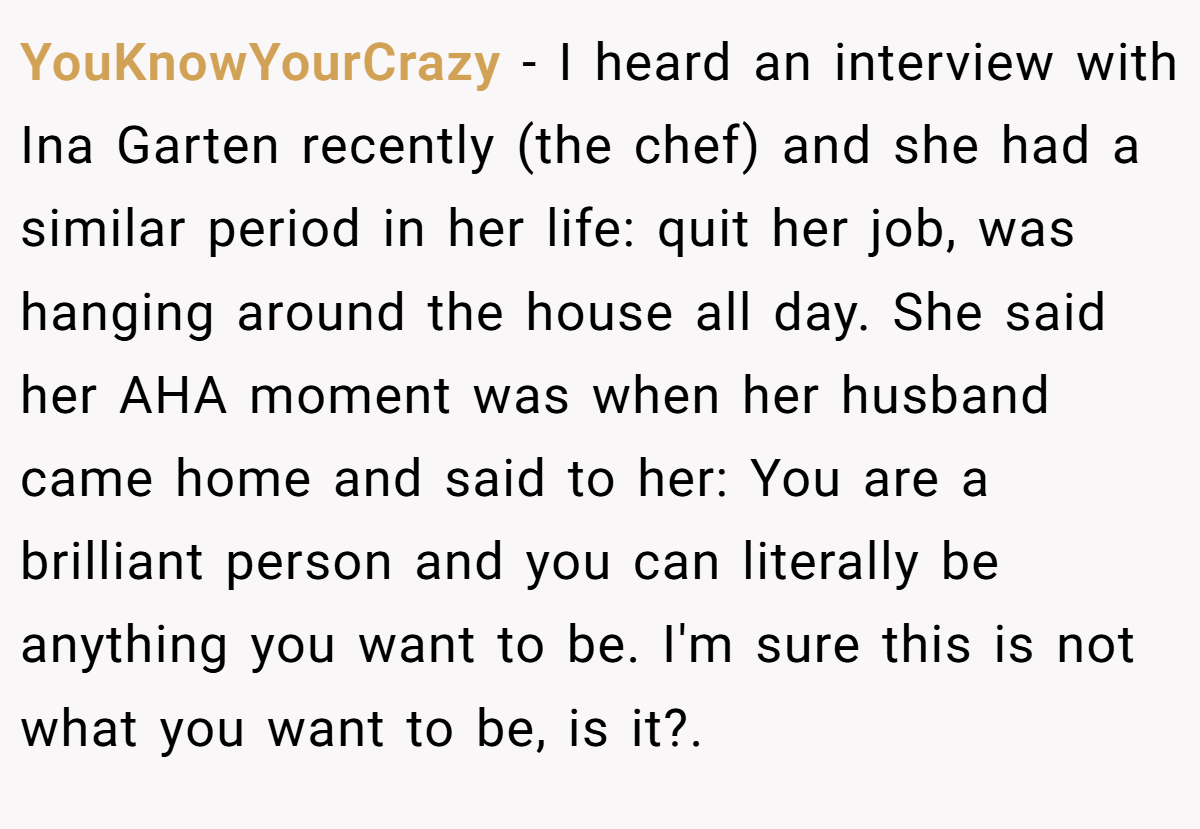 YouKnowYourCrazy − I heard an interview with Ina Garten recently (the chef) and she had a similar period in her life: quit her job, was hanging around the house all day. She said her AHA moment was when her husband came home and said to her: You are a brilliant person and you can literally be anything you want to be. I'm sure this is not what you want to be, is it?.