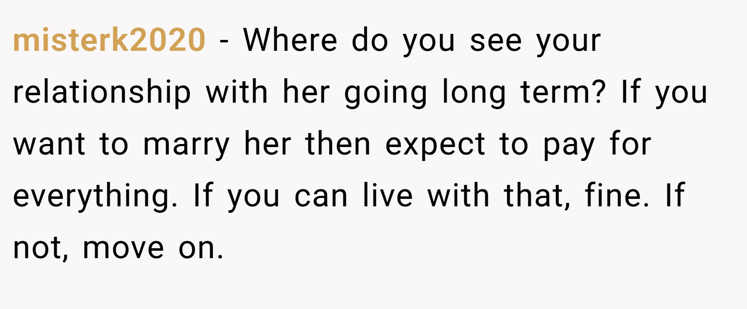 misterk2020 − Where do you see your relationship with her going long term? If you want to marry her then expect to pay for everything. If you can live with that, fine. If not, move on.