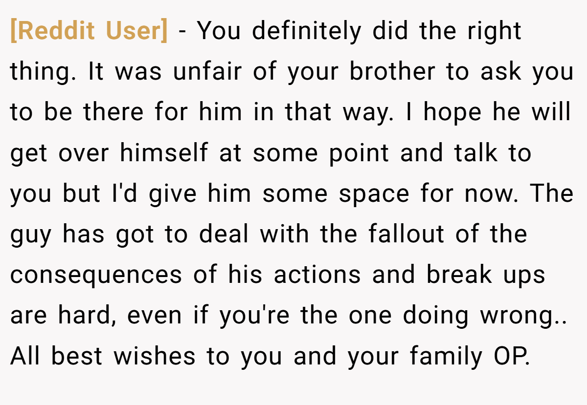 [Reddit User] − You definitely did the right thing. It was unfair of your brother to ask you to be there for him in that way. I hope he will get over himself at some point and talk to you but I'd give him some space for now. The guy has got to deal with the fallout of the consequences of his actions and break ups are hard, even if you're the one doing wrong.. All best wishes to you and your family OP.