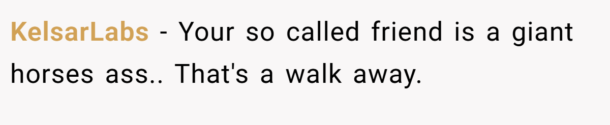 KelsarLabs − Your so called friend is a giant horses ass.. That's a walk away.