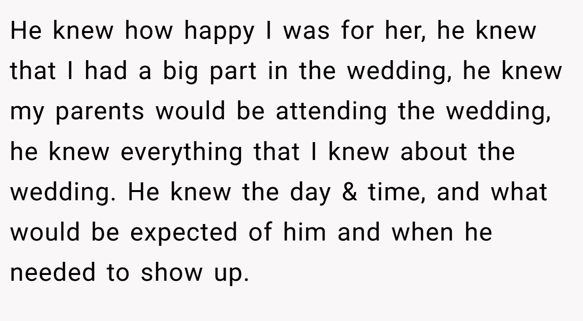 He knew how happy I was for her, he knew that I had a big part in the wedding, he knew my parents would be attending the wedding, he knew everything that I knew about the wedding. He knew the day & time, and what would be expected of him and when he needed to show up.