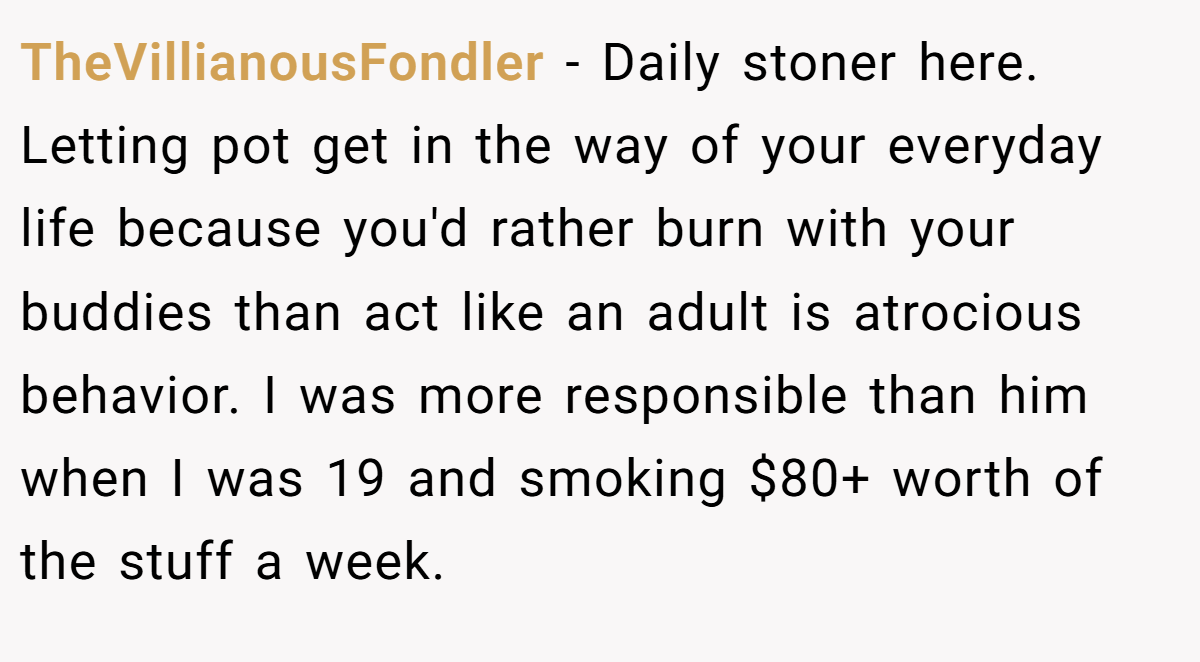 TheVillianousFondler − Daily stoner here. Letting pot get in the way of your everyday life because you'd rather burn with your buddies than act like an adult is atrocious behavior. I was more responsible than him when I was 19 and smoking $80+ worth of the stuff a week.