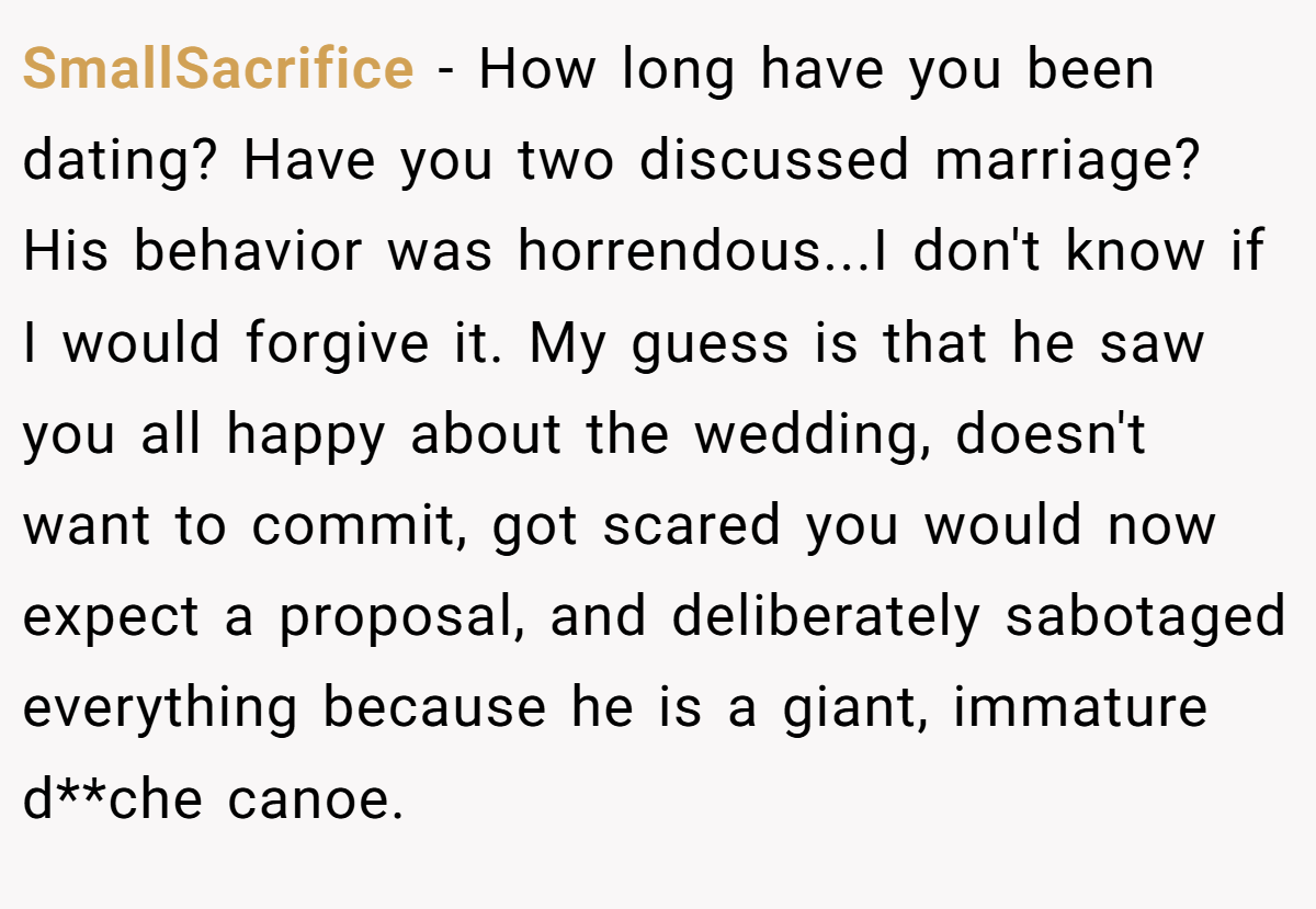 SmallSacrifice − How long have you been dating? Have you two discussed marriage? His behavior was horrendous...I don't know if I would forgive it. My guess is that he saw you all happy about the wedding, doesn't want to commit, got scared you would now expect a proposal, and deliberately sabotaged everything because he is a giant, immature d**che canoe.