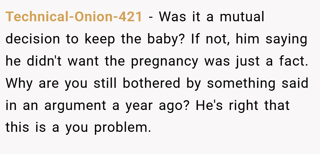 Technical-Onion-421 − Was it a mutual decision to keep the baby? If not, him saying he didn't want the pregnancy was just a fact. Why are you still bothered by something said in an argument a year ago? He's right that this is a you problem.