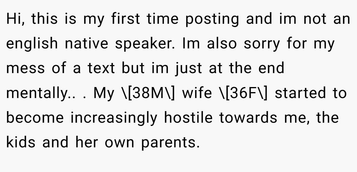 Hi, this is my first time posting and im not an english native speaker. Im also sorry for my mess of a text but im just at the end mentally.. ​. My \[38M\] wife \[36F\] started to become increasingly hostile towards me, the kids and her own parents.