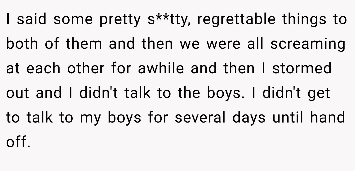 I said some pretty s**tty, regrettable things to both of them and then we were all screaming at each other for awhile and then I stormed out and I didn't talk to the boys. I didn't get to talk to my boys for several days until hand off.