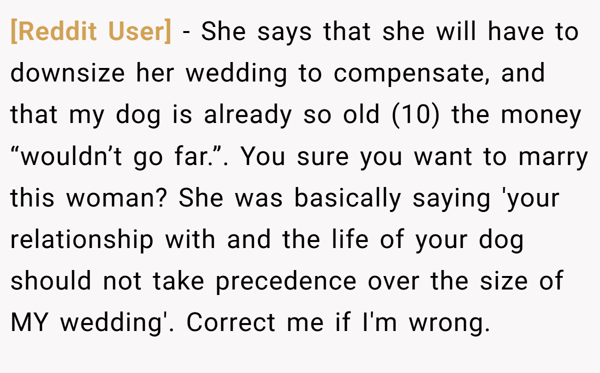 [Reddit User] − She says that she will have to downsize her wedding to compensate, and that my dog is already so old (10) the money “wouldn’t go far.”. You sure you want to marry this woman? She was basically saying 'your relationship with and the life of your dog should not take precedence over the size of MY wedding'. Correct me if I'm wrong.