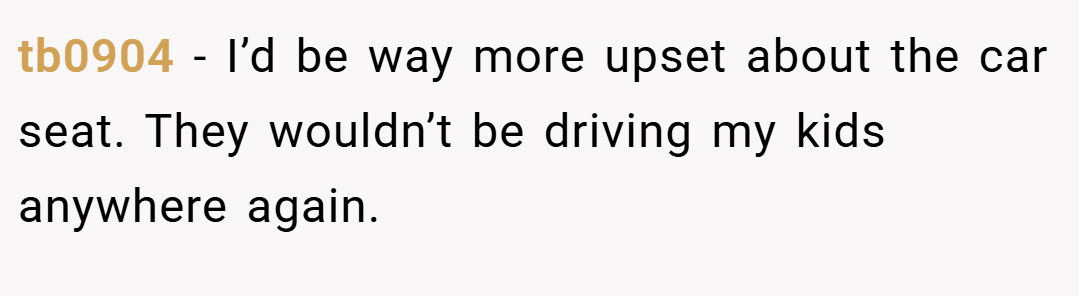 tb0904 − I’d be way more upset about the car seat. They wouldn’t be driving my kids anywhere again.