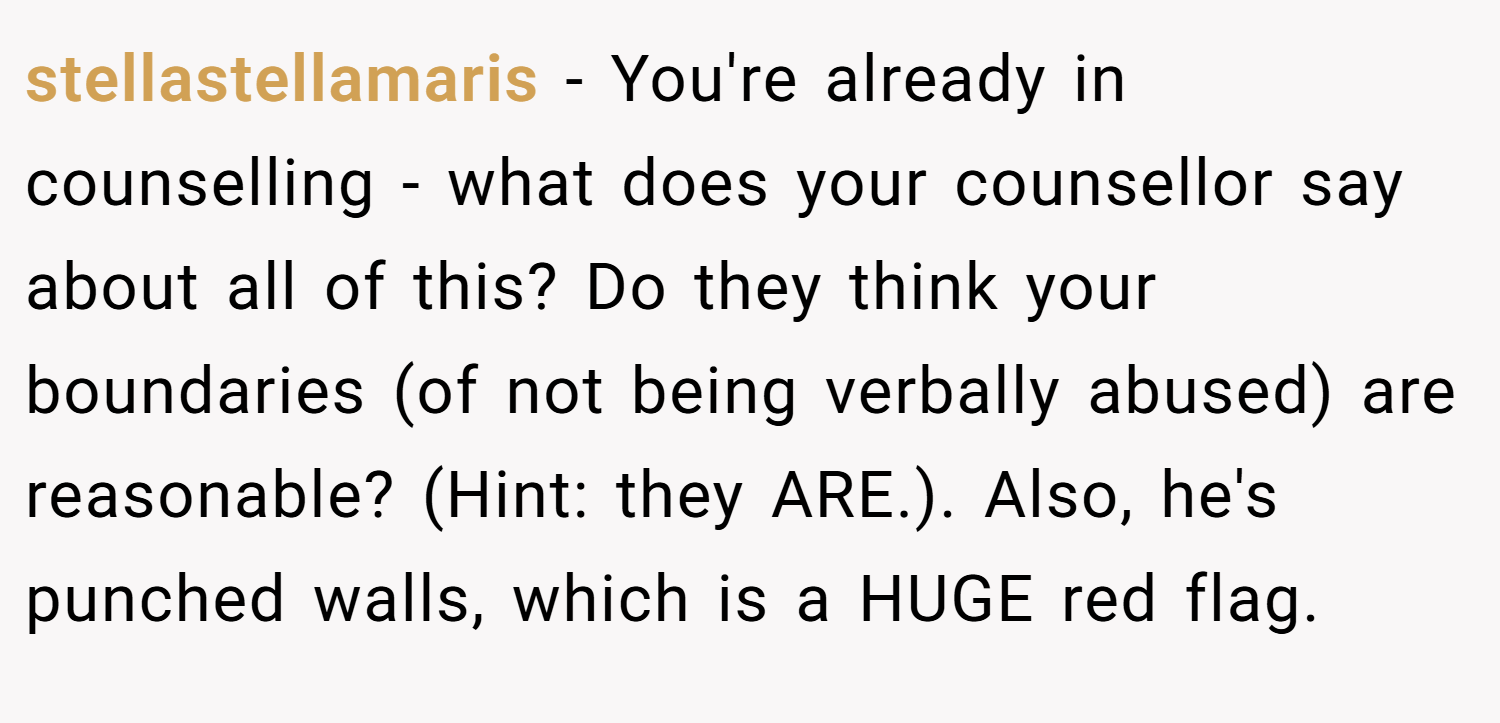 stellastellamaris − You're already in counselling - what does your counsellor say about all of this? Do they think your boundaries (of not being verbally abused) are reasonable? (Hint: they ARE.). Also, he's punched walls, which is a HUGE red flag.