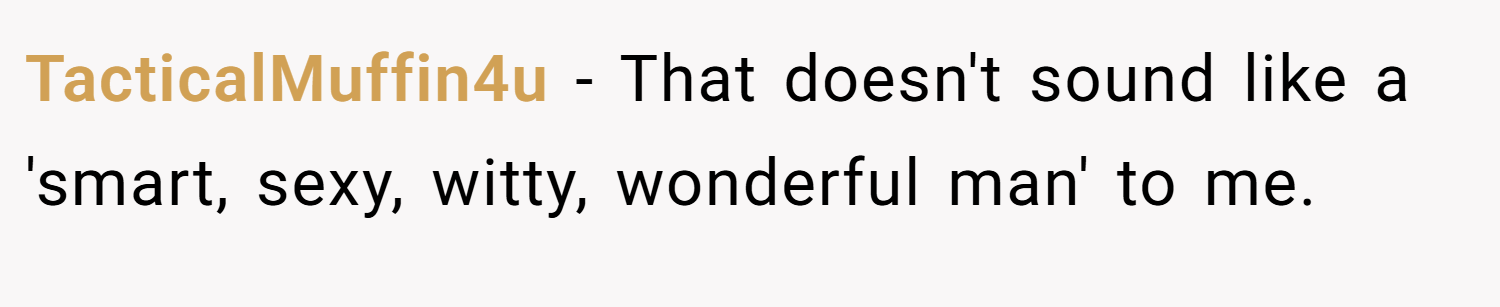 TacticalMuffin4u − That doesn't sound like a 'smart, sexy, witty, wonderful man' to me.