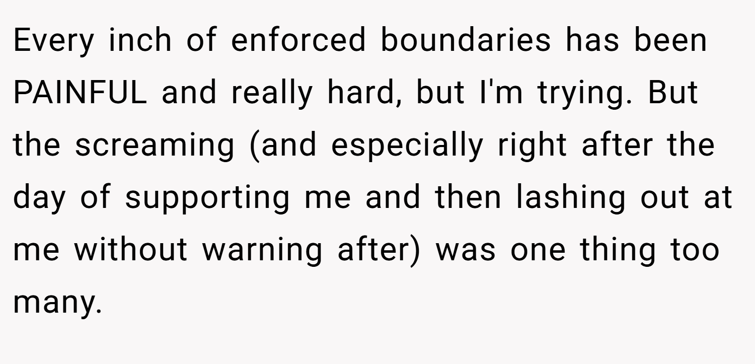 Every inch of enforced boundaries has been PAINFUL and really hard, but I'm trying. But the screaming (and especially right after the day of supporting me and then lashing out at me without warning after) was one thing too many.