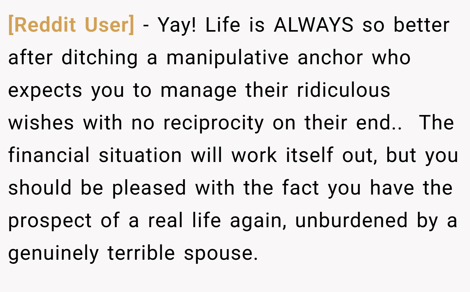 [Reddit User] − Yay! Life is ALWAYS so better after ditching a manipulative anchor who expects you to manage their ridiculous wishes with no reciprocity on their end.. ​ The financial situation will work itself out, but you should be pleased with the fact you have the prospect of a real life again, unburdened by a genuinely terrible spouse.