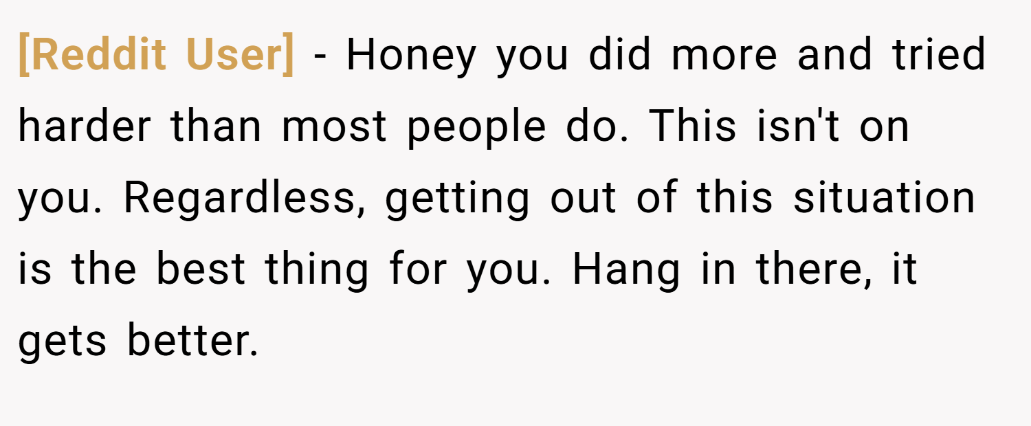 [Reddit User] − Honey you did more and tried harder than most people do. This isn't on you. Regardless, getting out of this situation is the best thing for you. Hang in there, it gets better.