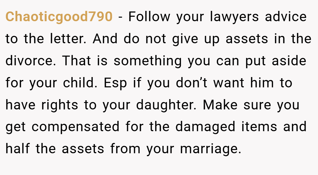 Chaoticgood790 − Follow your lawyers advice to the letter. And do not give up assets in the divorce. That is something you can put aside for your child. Esp if you don’t want him to have rights to your daughter. Make sure you get compensated for the damaged items and half the assets from your marriage.