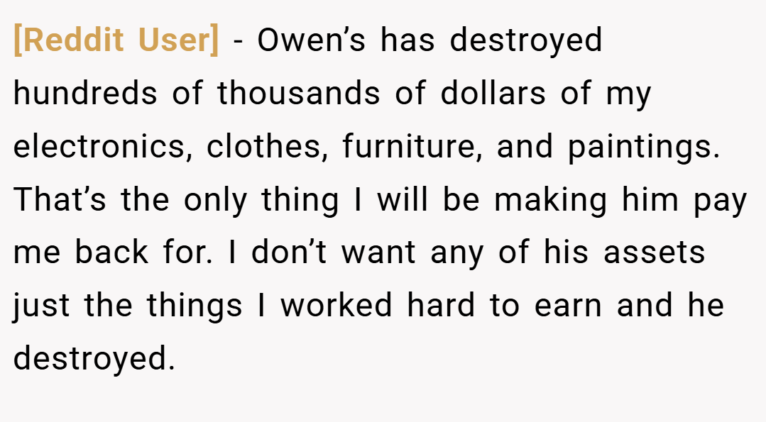 [Reddit User] − Owen’s has destroyed hundreds of thousands of dollars of my electronics, clothes, furniture, and paintings. That’s the only thing I will be making him pay me back for. I don’t want any of his assets just the things I worked hard to earn and he destroyed.