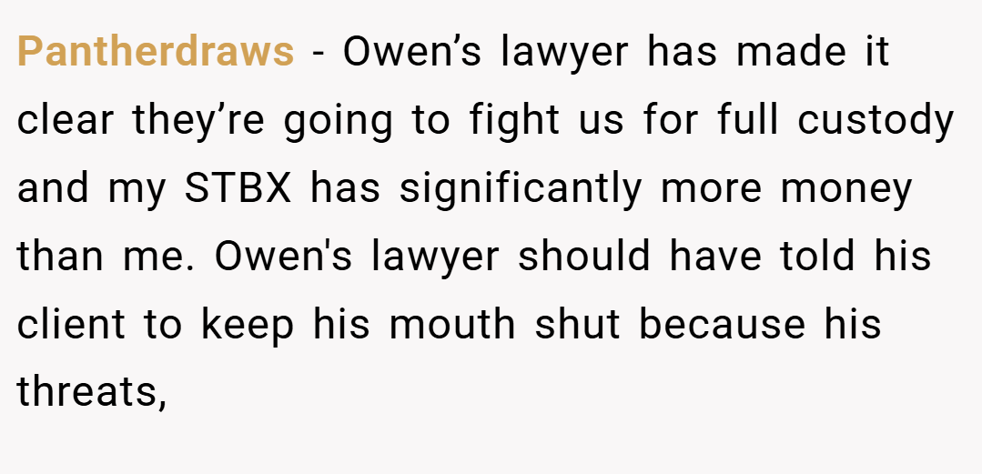 Pantherdraws − Owen’s lawyer has made it clear they’re going to fight us for full custody and my STBX has significantly more money than me. Owen's lawyer should have told his client to keep his mouth shut because his threats,