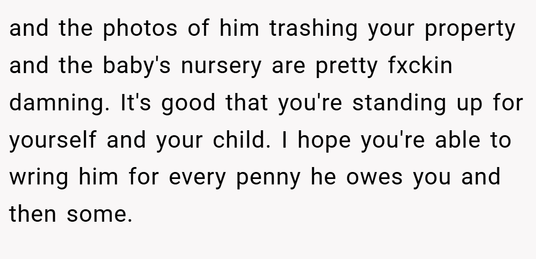 and the photos of him trashing your property and the baby's nursery are pretty fxckin damning. It's good that you're standing up for yourself and your child. I hope you're able to wring him for every penny he owes you and then some.