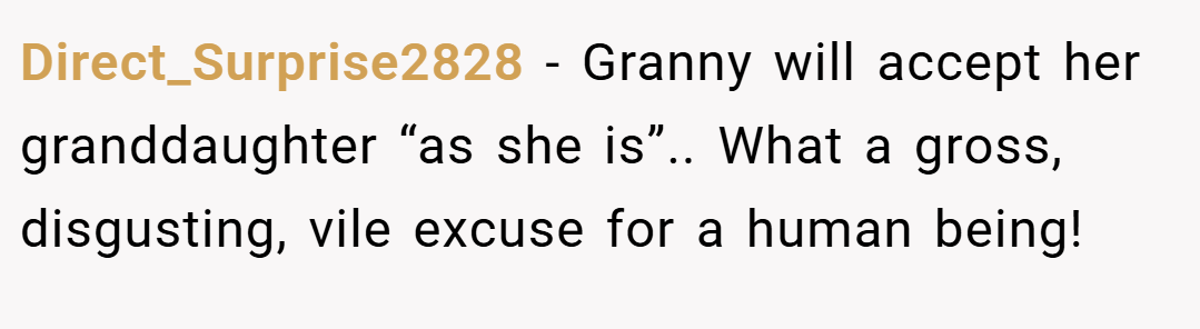Direct_Surprise2828 − Granny will accept her granddaughter “as she is”.. What a gross, disgusting, vile excuse for a human being!